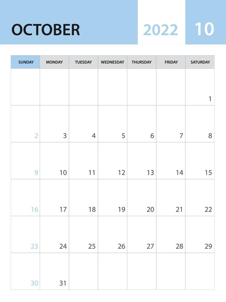 modello ottobre 2022, vettore modello calendario 2022, design mensile pianificatore, calendario da tavolo 2022, design calendario da parete, stile minimal, pubblicità, poster, supporti di stampa, vettore creativo semplice