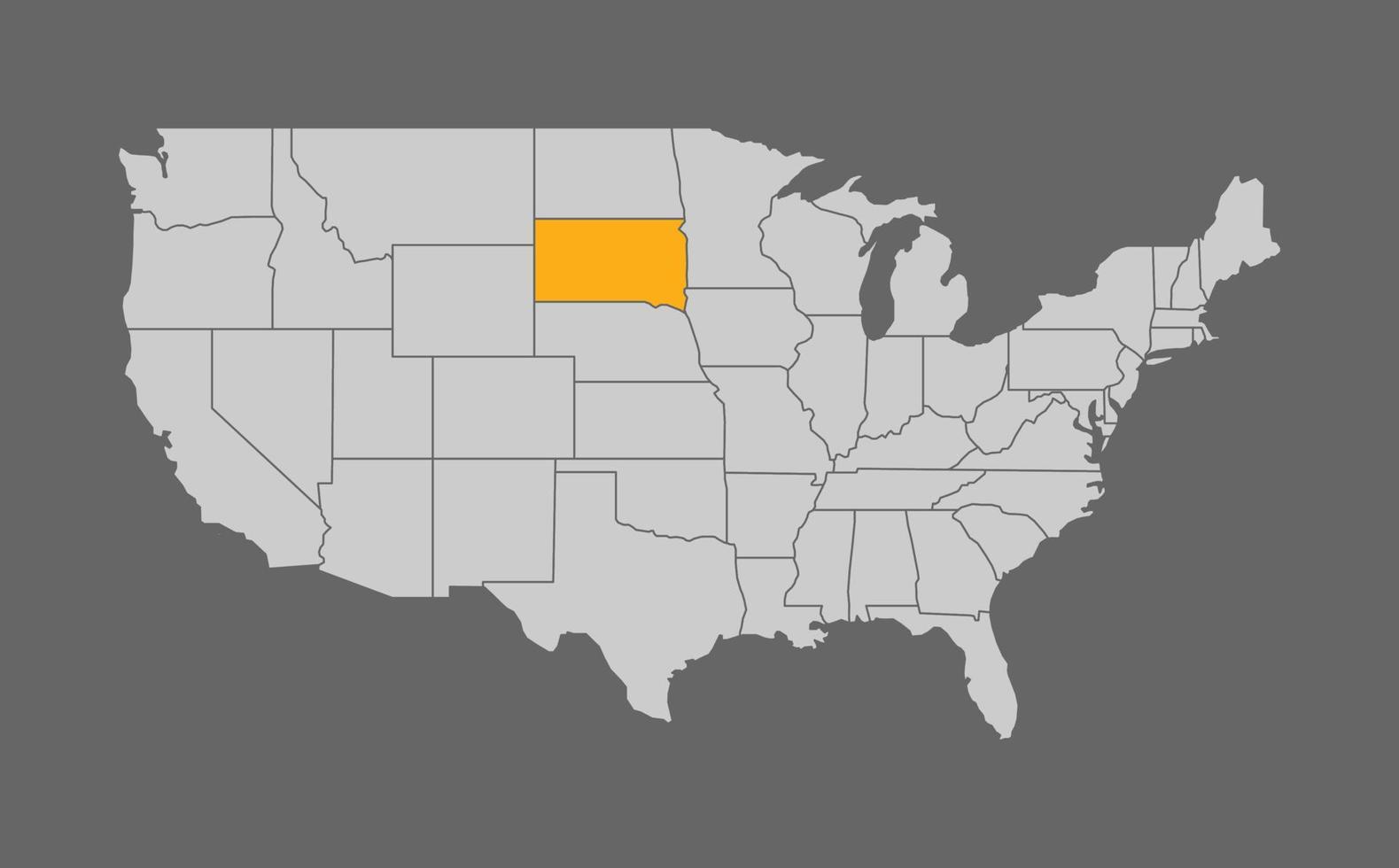 mappa degli stati uniti con evidenziazione del sud dakota su sfondo grigio vettore