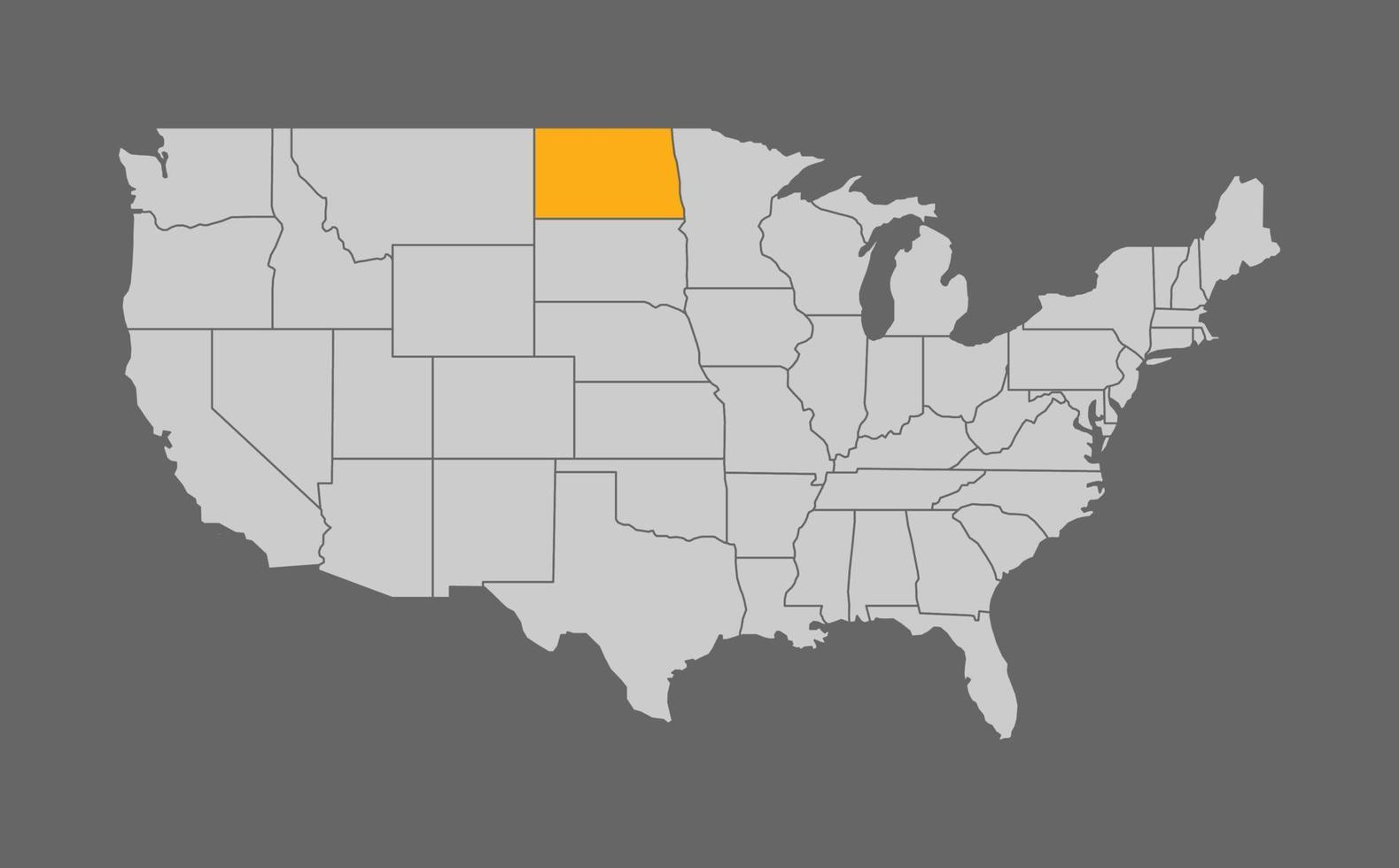 mappa degli stati uniti con evidenziazione del nord dakota su sfondo grigio vettore