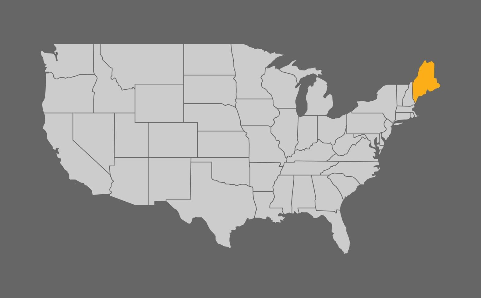 mappa degli stati uniti con evidenziazione del maine su sfondo grigio vettore
