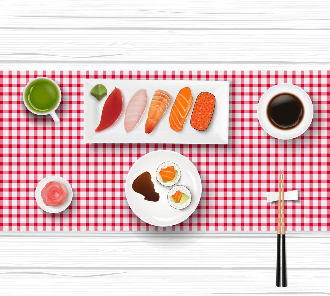 sushi, cibo giapponese sul fondo della tavola di legno vettore