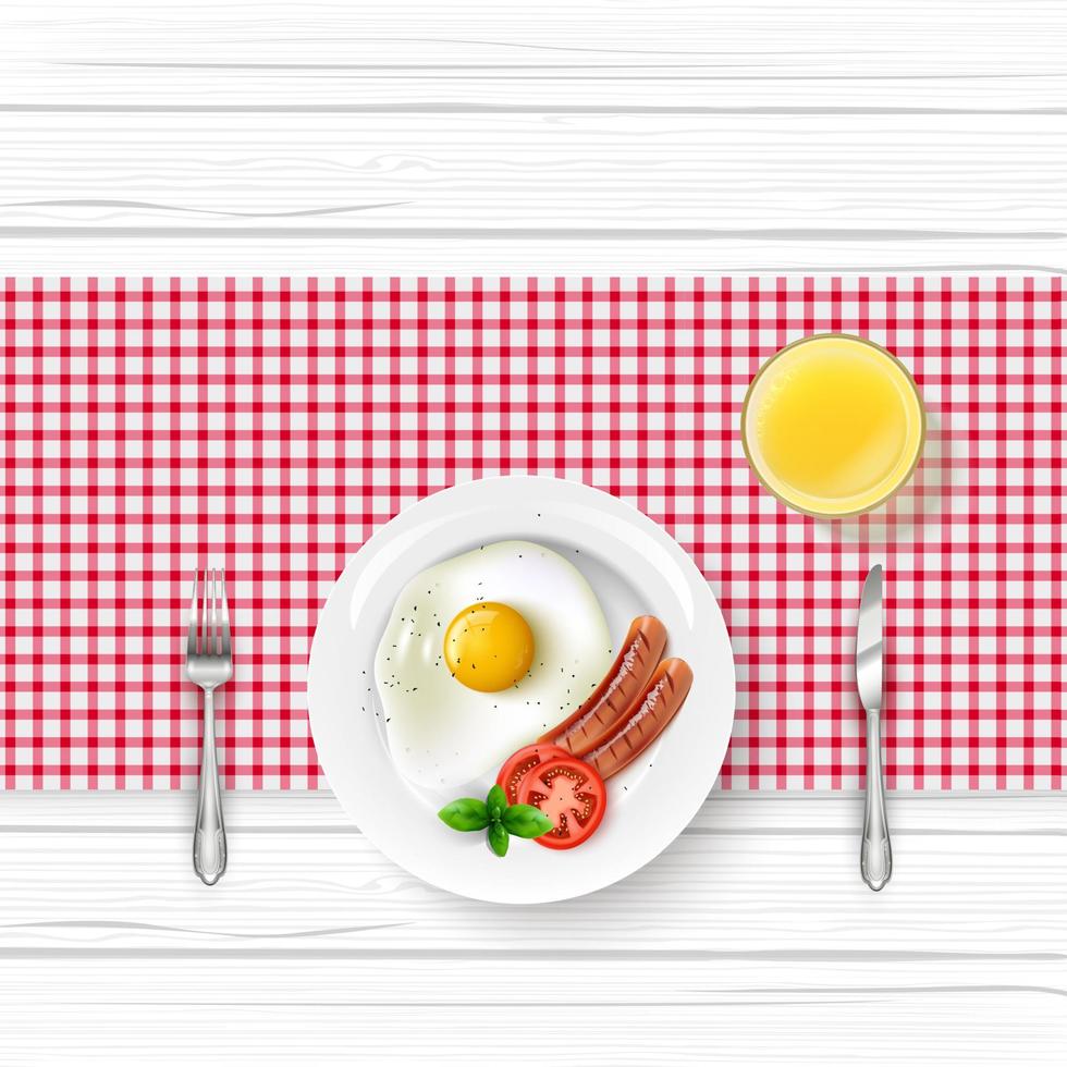 menu della colazione con un uovo fritto e pancetta sul tavolo di legno vettore