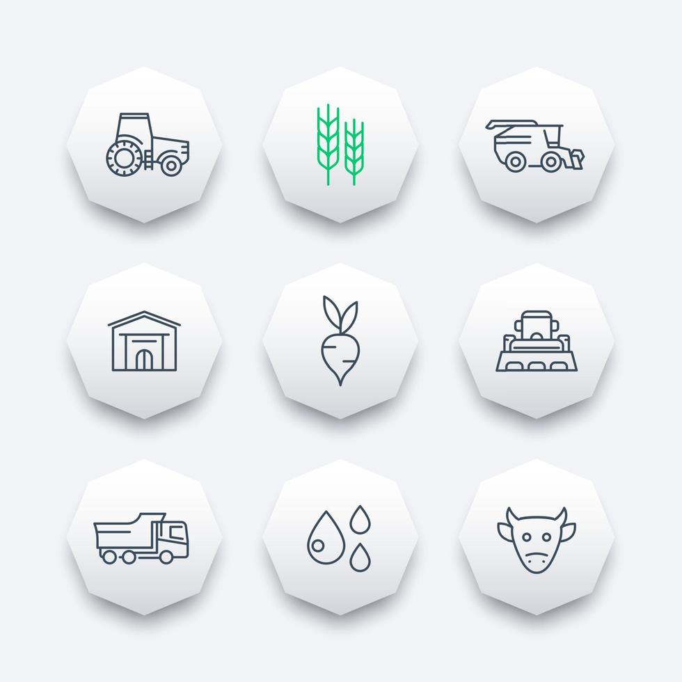 agricoltura, agrimotor, bovini, hangar, icone della linea di agricoltura, illustrazione vettoriale, set di icone ottagonali per macchine agricole, raccogliere vettore
