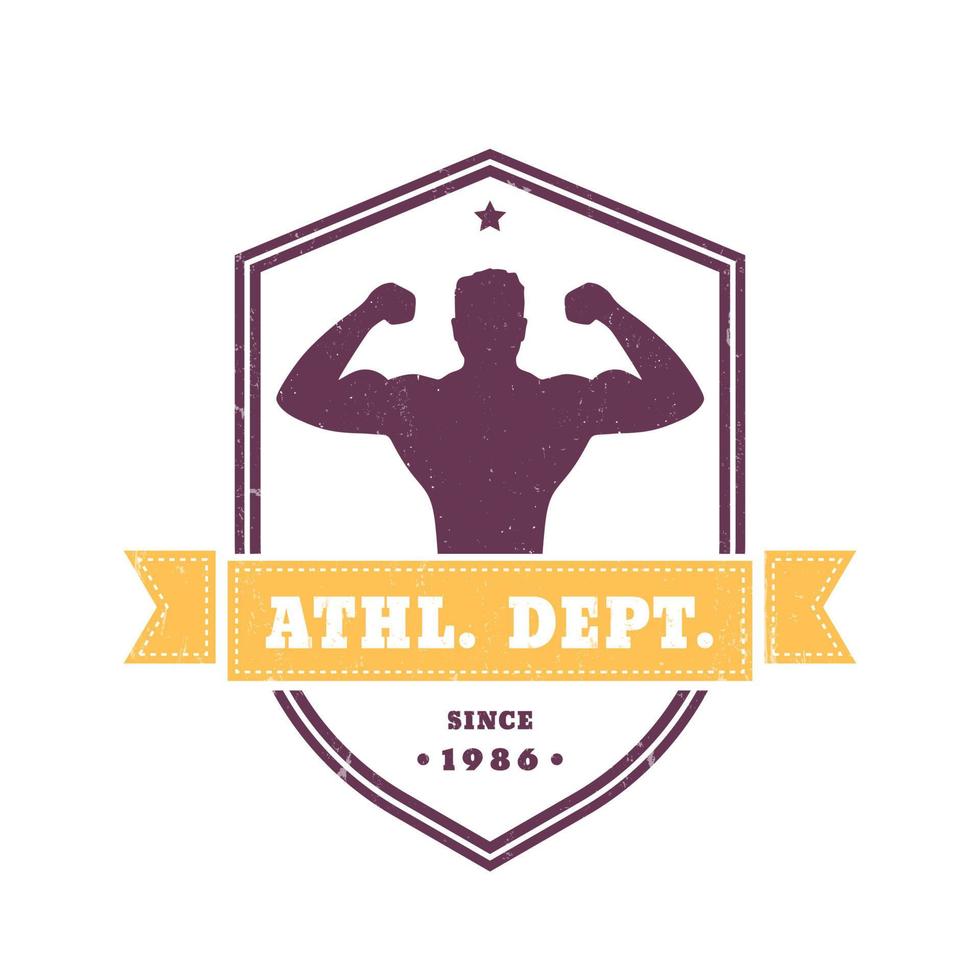 fitness, logo vintage palestra, emblema, distintivo con atleta in posa su scudo, isolato su bianco, illustrazione vettoriale