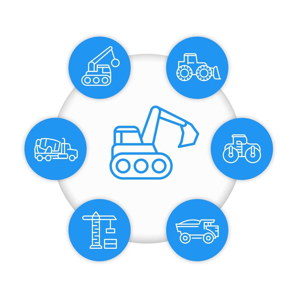 icone della linea di veicoli da costruzione, macchine pesanti, escavatore, betoniera vettore