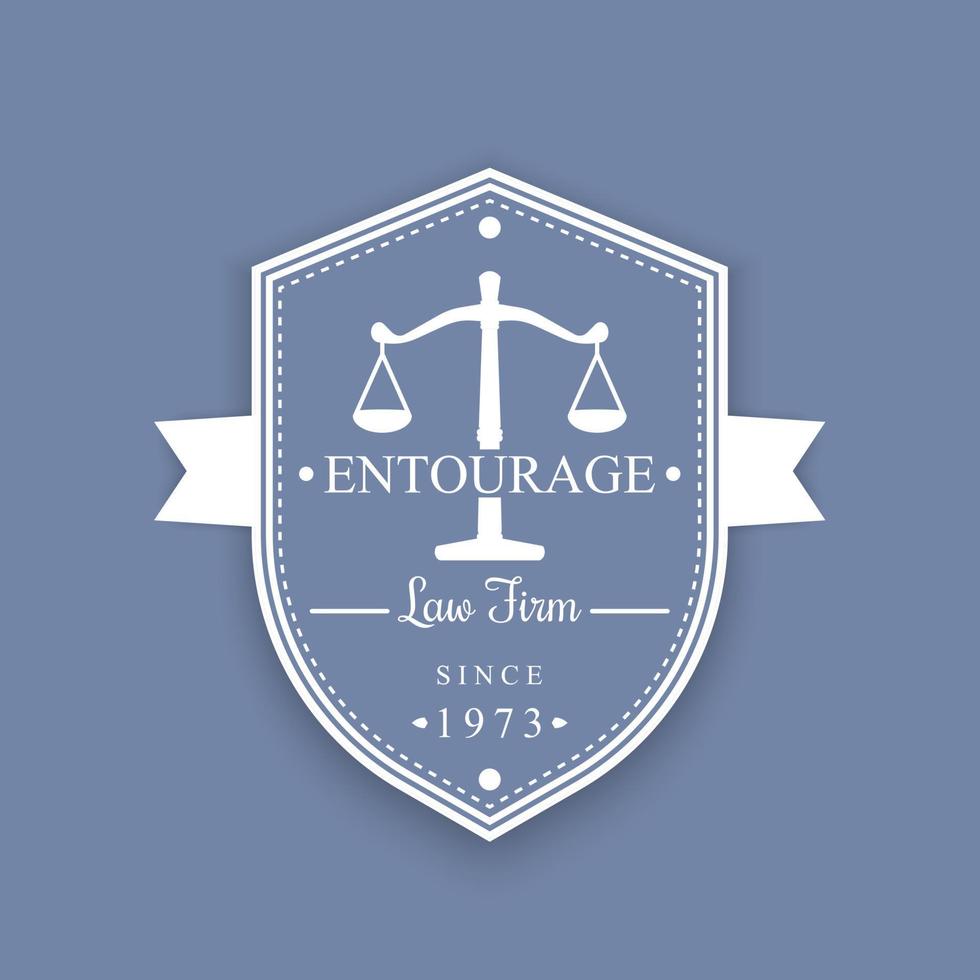 logo vintage dello studio legale, emblema, giustizia, segno dello studio legale sullo scudo, illustrazione vettoriale