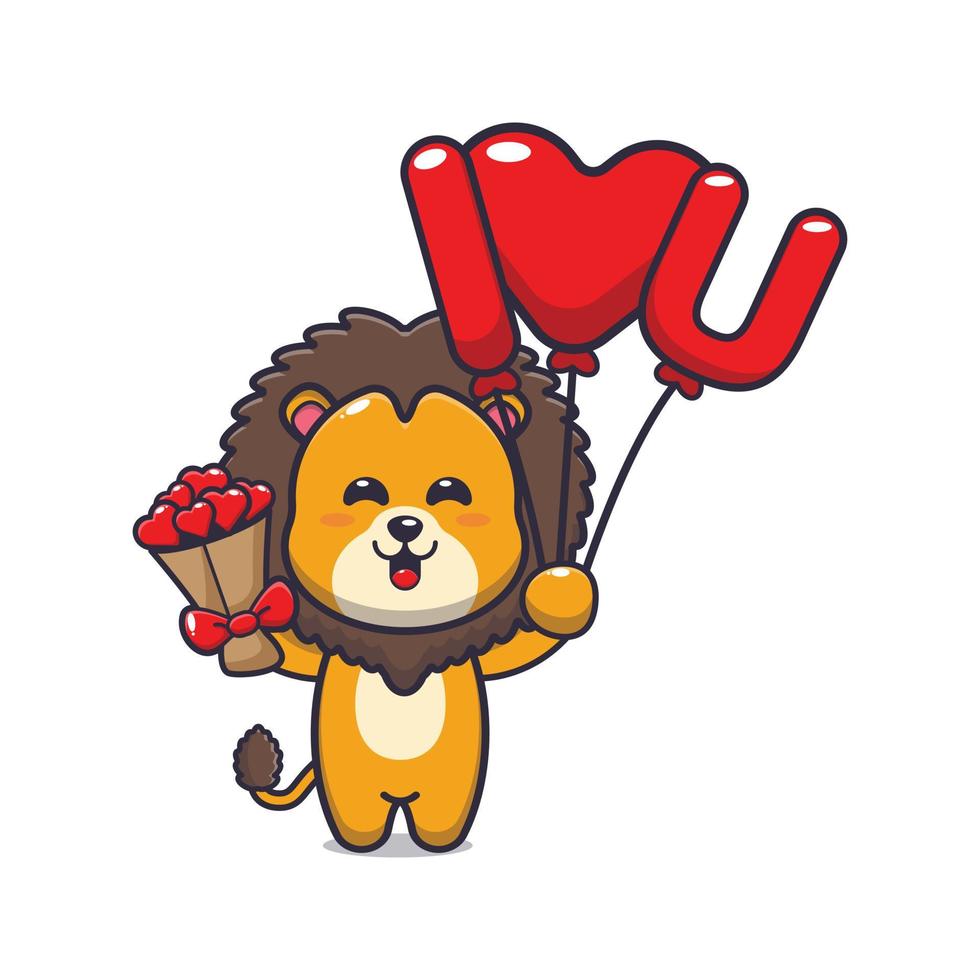 simpatico personaggio dei cartoni animati di leone che tiene palloncino d'amore e fiori d'amore vettore