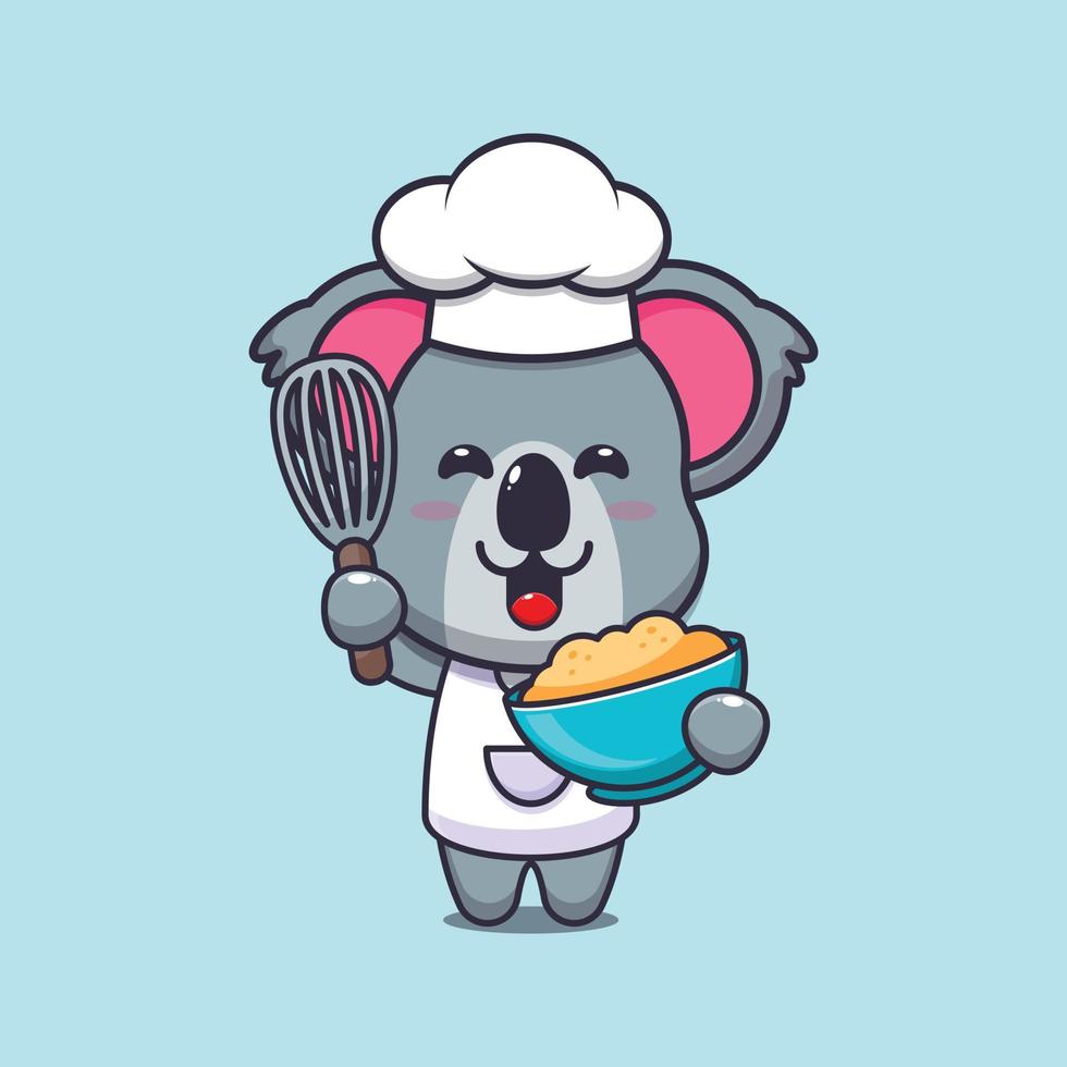 simpatico personaggio dei cartoni animati della mascotte del cuoco unico del koala con l'impasto della torta vettore