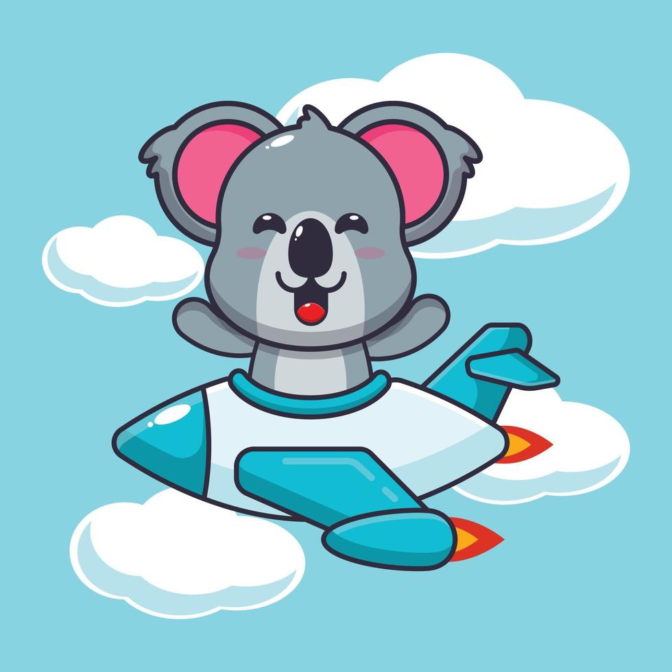 simpatico personaggio dei cartoni animati della mascotte del koala giro sul jet dell'aereo vettore