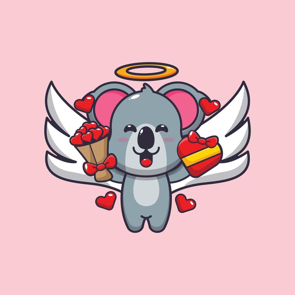 simpatico personaggio dei cartoni animati di koala cupido che tiene un regalo d'amore e un bouquet d'amore vettore