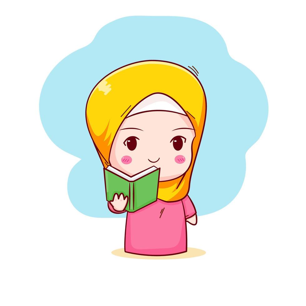 illustrazione disegnata a mano del personaggio dei cartoni animati di chibi del libro della tenuta della ragazza musulmana sveglia vettore