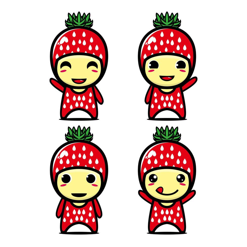 raccolta di set di simpatici personaggi di design mascotte fragola. Isolato su uno sfondo bianco. simpatico personaggio mascotte logo idea bundle concept vettore