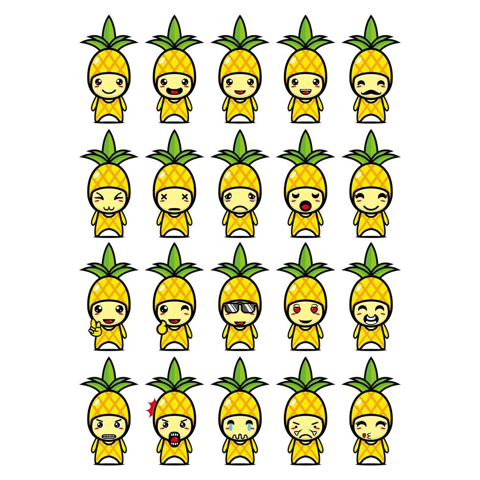 raccolta di set di simpatici personaggi di design mascotte ananas. Isolato su uno sfondo bianco. simpatico personaggio mascotte logo idea bundle concept vettore