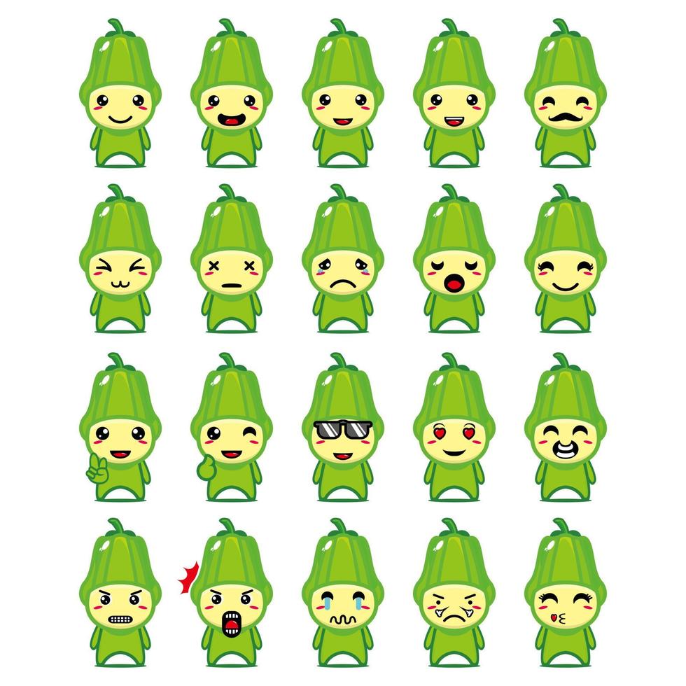 collezione di set di simpatici personaggi di design mascotte chayote. Isolato su uno sfondo bianco. simpatico personaggio mascotte logo idea bundle concept vettore