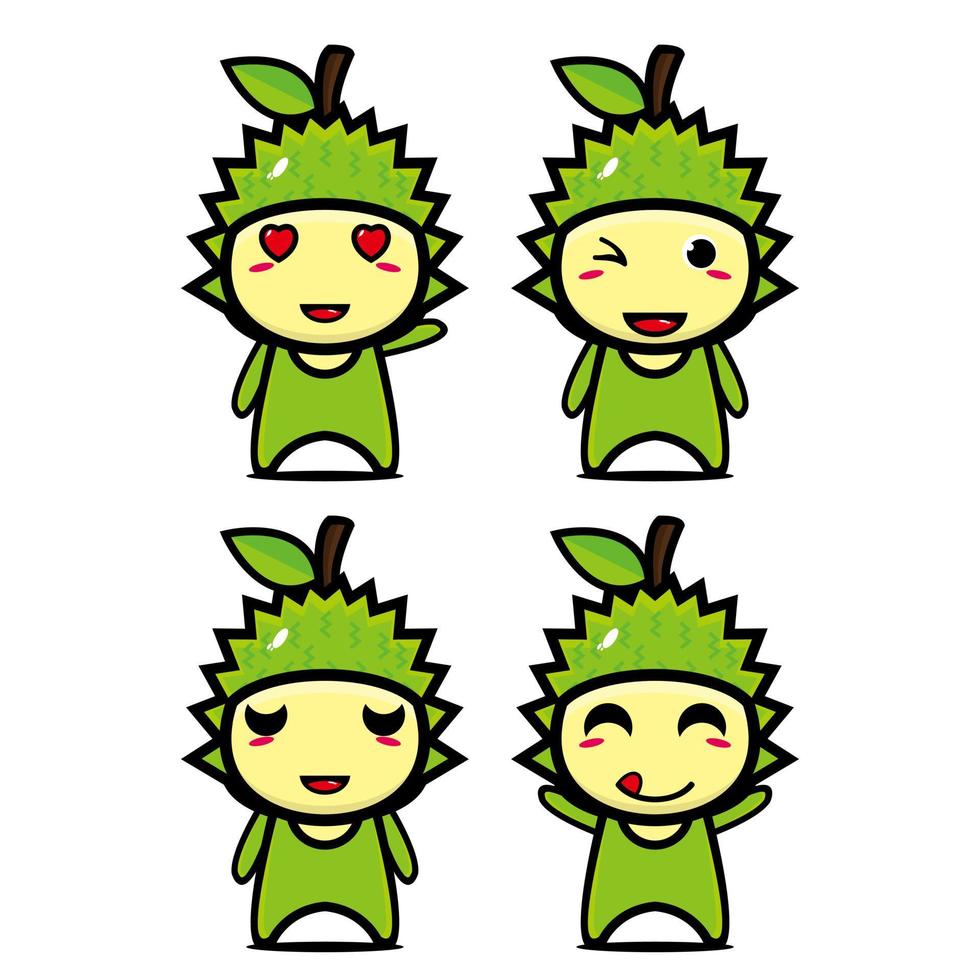 raccolta di set di simpatici personaggi di design mascotte durian. Isolato su uno sfondo bianco. simpatico personaggio mascotte logo idea bundle concept vettore