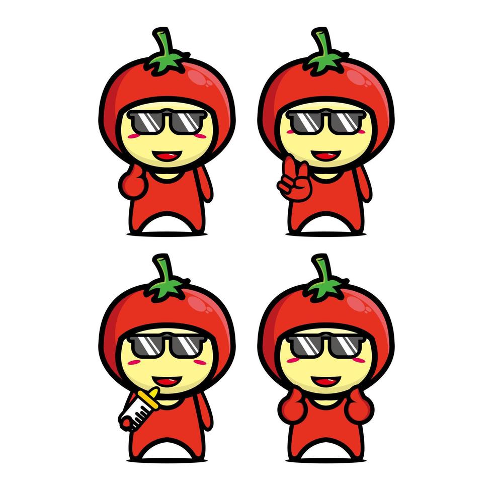 raccolta di set di simpatici disegni di mascotte di pomodoro. Isolato su uno sfondo bianco. simpatico personaggio mascotte logo idea bundle concept vettore