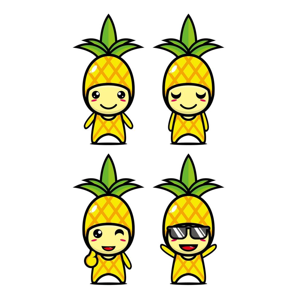 raccolta di set di simpatici personaggi di design mascotte ananas. Isolato su uno sfondo bianco. simpatico personaggio mascotte logo idea bundle concept vettore