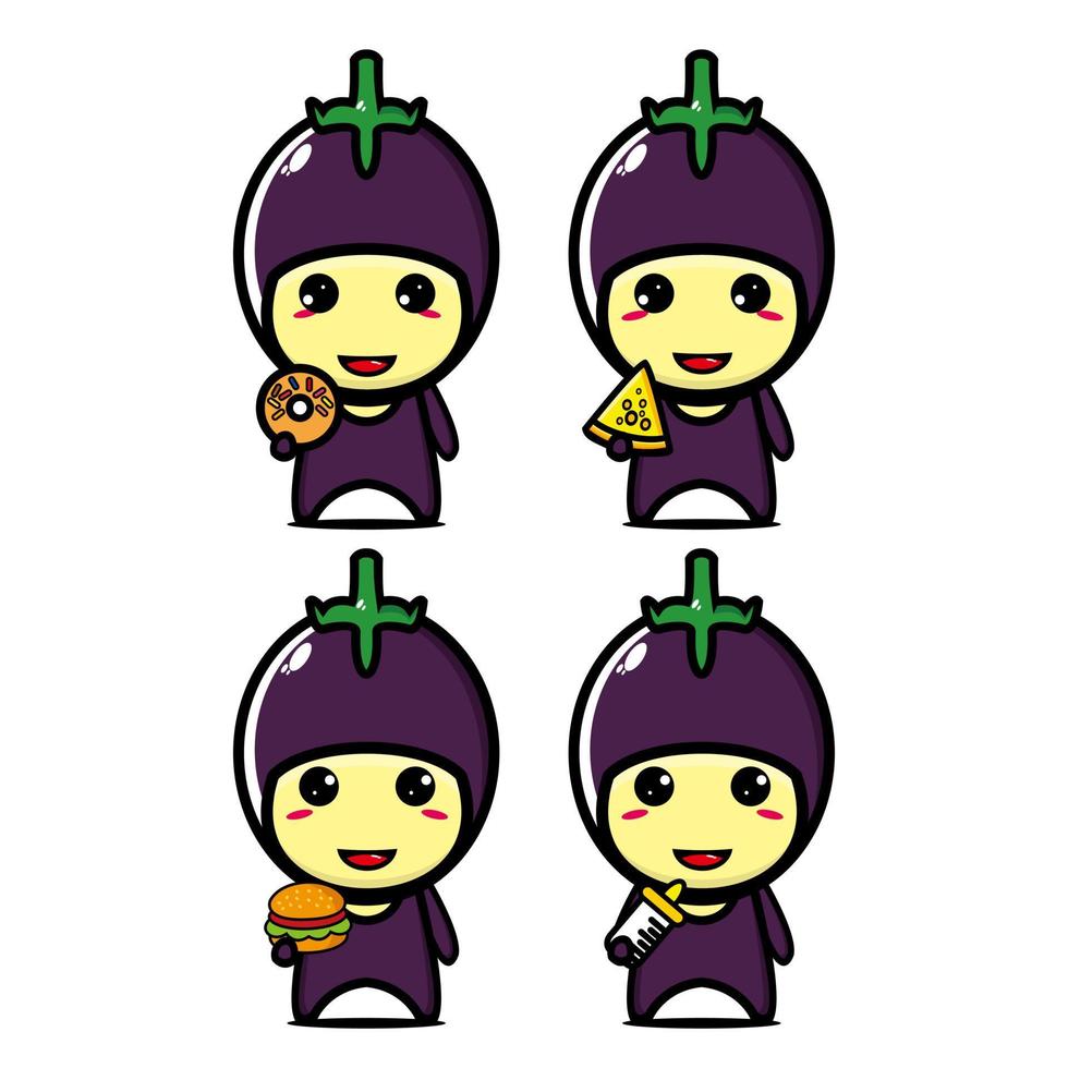 raccolta di set di simpatici personaggi di design mascotte melanzane. Isolato su uno sfondo bianco. simpatico personaggio mascotte logo idea bundle concept vettore
