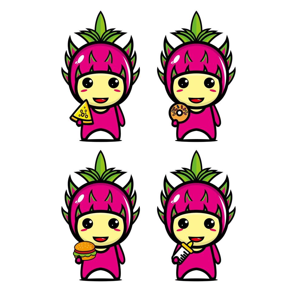 raccolta di set di simpatici personaggi di design della mascotte della frutta del drago. Isolato su uno sfondo bianco. simpatico personaggio mascotte logo idea bundle concept vettore