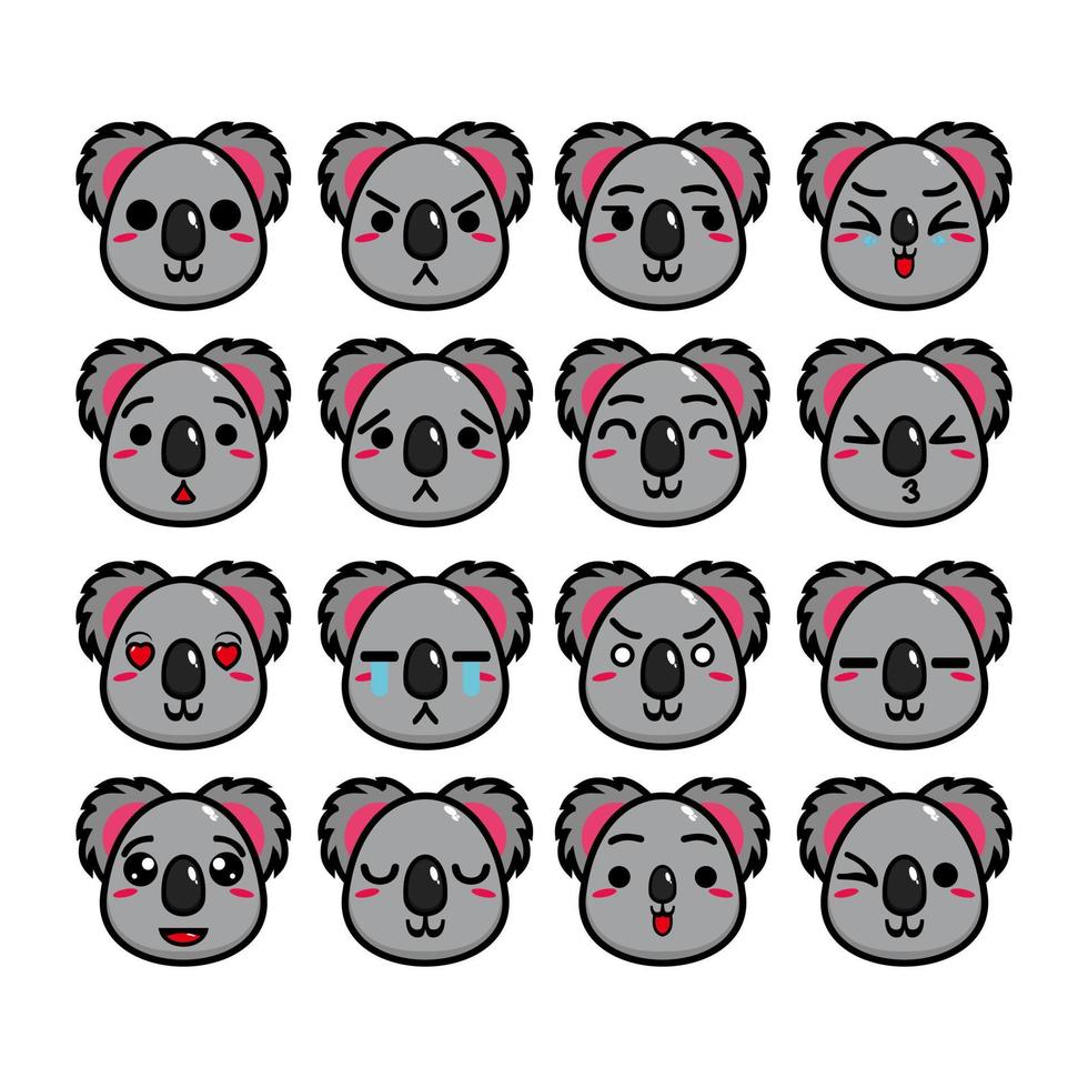 collezione di set di simpatici personaggi di design mascotte koala testa. Isolato su uno sfondo bianco. simpatico personaggio mascotte logo idea bundle concept vettore