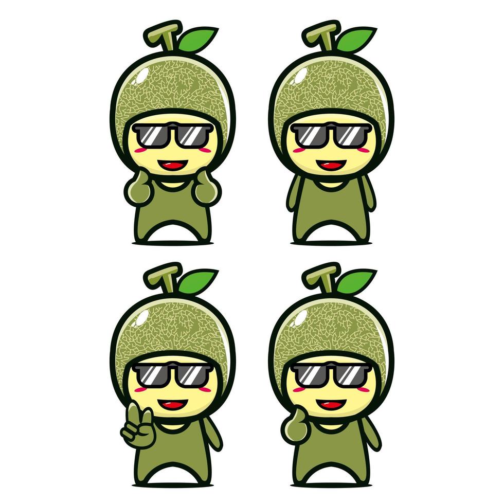 raccolta di set di simpatici personaggi di design della mascotte del melone. Isolato su uno sfondo bianco. simpatico personaggio mascotte logo idea bundle concept vettore