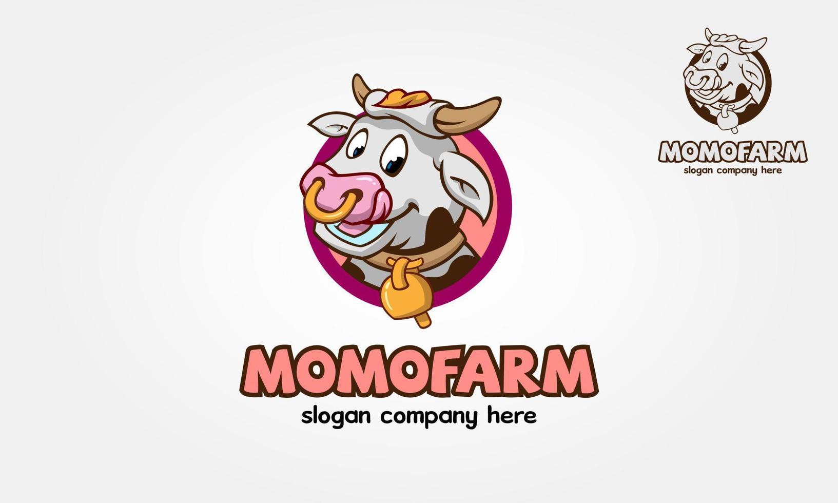 personaggio dei cartoni animati logo fattoria momo. mucca felice del fumetto, illustrazione di una mucca e un segno, illustrazione del logo di vettore. vettore