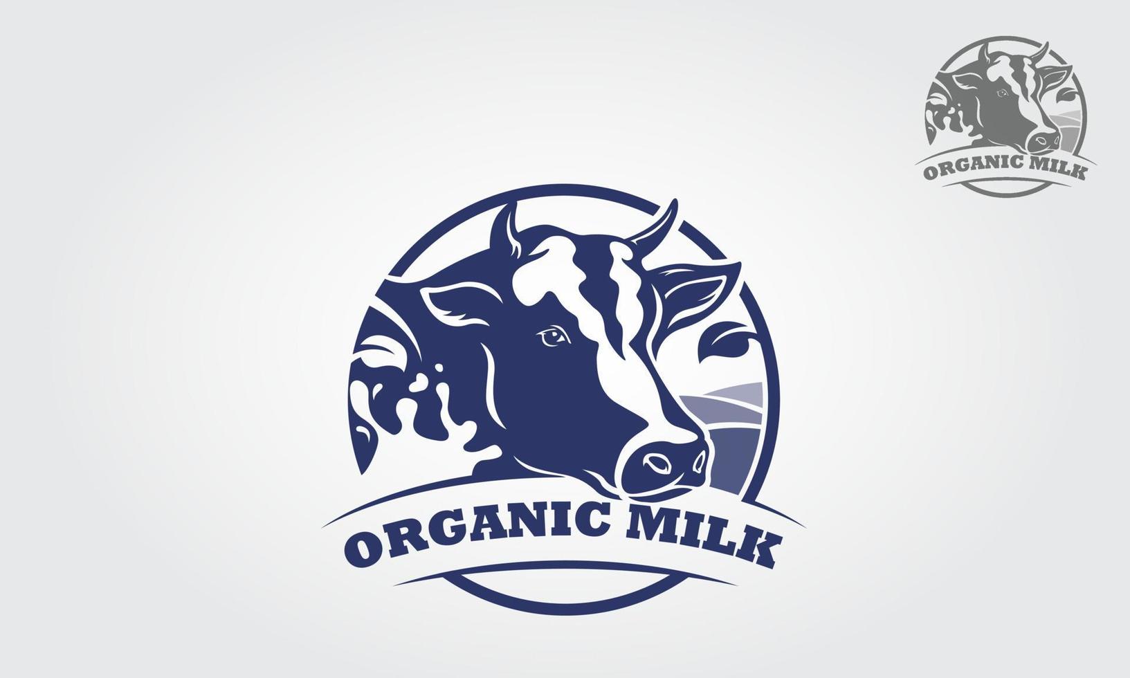 modello di logo vettoriale di latte biologico. questo logo è latte fresco e silhouette di testa di mucca. questo logo potrebbe essere utilizzato come elemento identitario principale di un'azienda agricola biologica o di un negozio, un ristorante vegetariano.