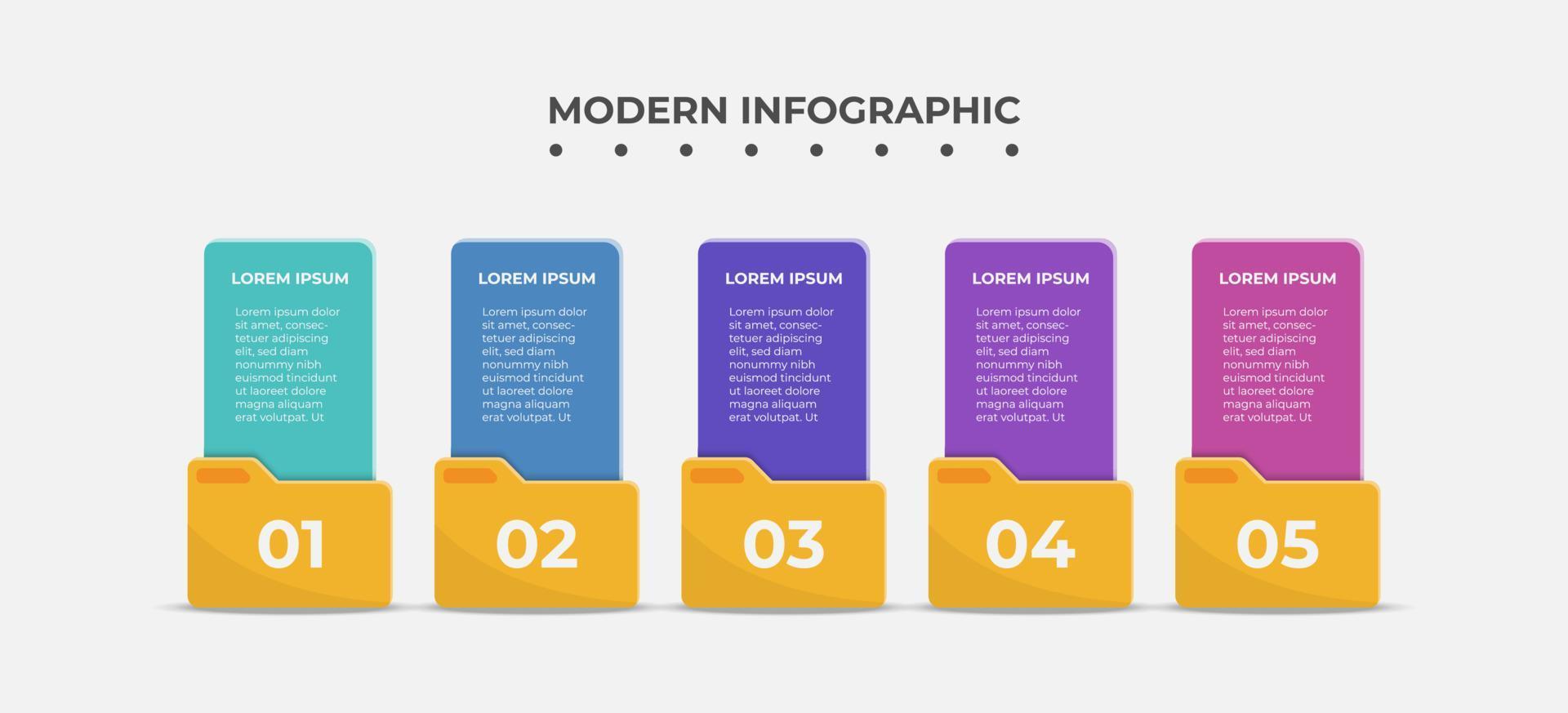 design creativo dell'etichetta di presentazione per infografica. banner opzione verticale con cartella in 5 passaggi. elementi di risorse grafiche adatti per flusso di lavoro, grafici, layout, brochure, report aziendali. vettore