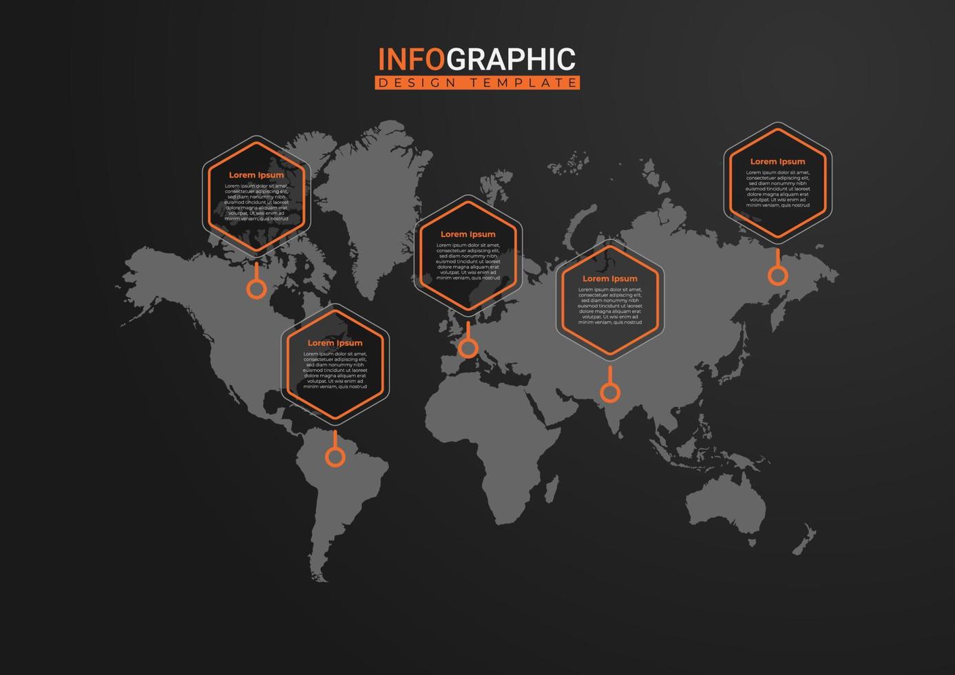 infografica mappa del mondo. design creativo di presentazione aziendale per infografica con sfondo mappa del mondo. elegante design di presentazione in nero e arancione. fantastici elementi di risorse grafiche vettore