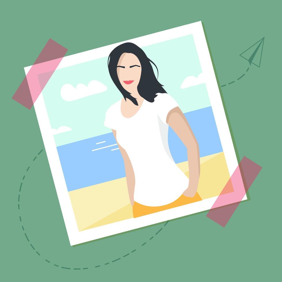 foto con una ragazza con una maglietta bianca in riva al mare. spiaggia sabbiosa, giornata di sole. vettore