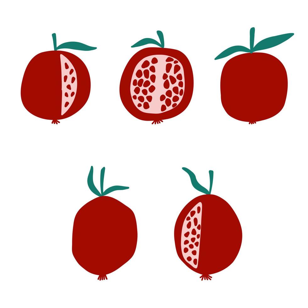 set di melograno con foglia verde e semi rossi in stile piatto cartone animato su sfondo bianco. illustrazione vettoriale di frutta fresca colorata.