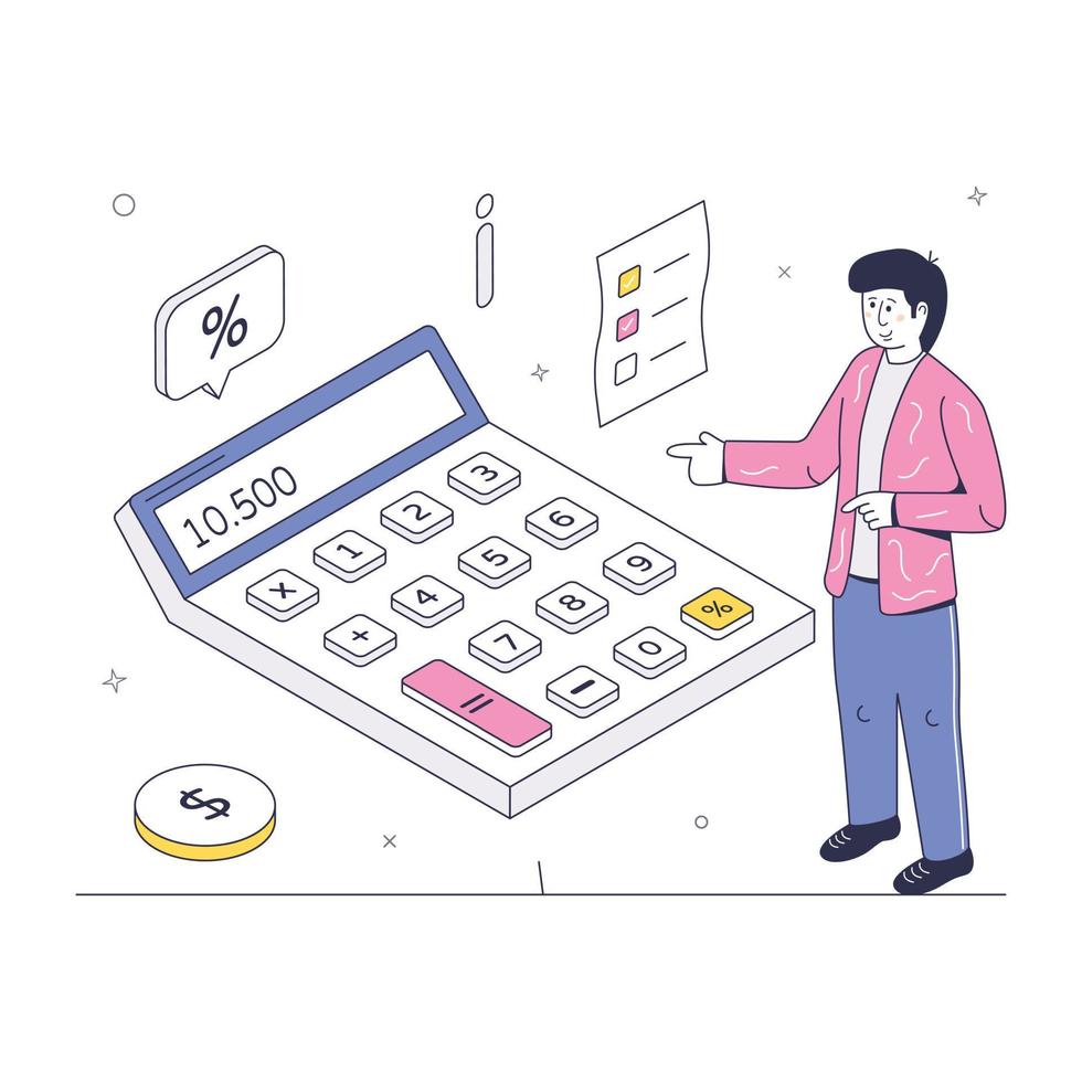 persona con calcolatrice e denaro che mostra il concetto di illustrazione isometrica contabile vettore