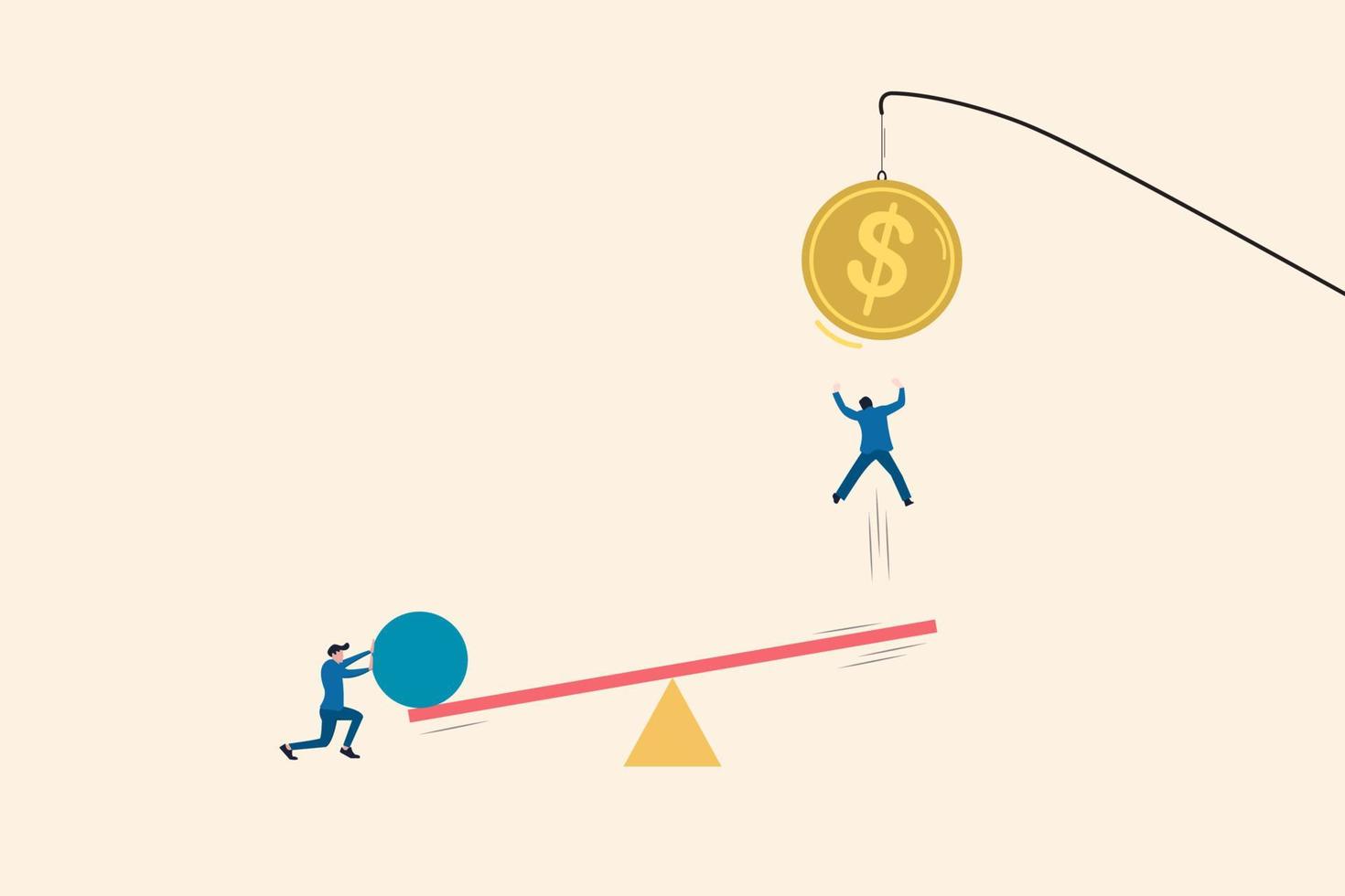 lavoro di squadra di affari che salta sull'altalena per raggiungere la valuta del dollaro sospesa nel cielo. illustrazione di riserva vettore