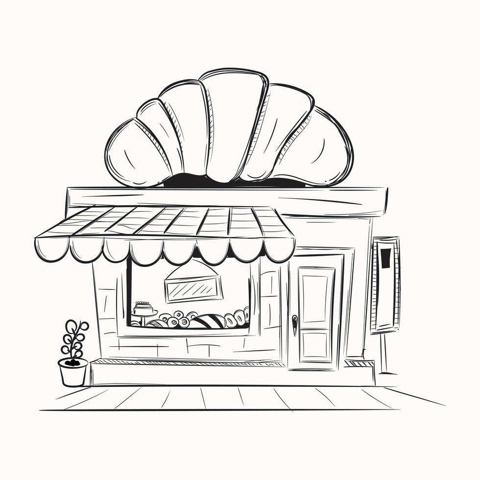 dai un'occhiata a questa illustrazione scarabocchio del negozio di panetteria vettore