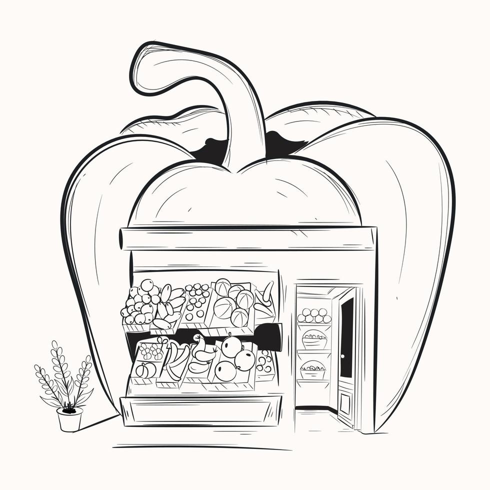 un'illustrazione di doodle personalizzabile del negozio di ortaggi vettore