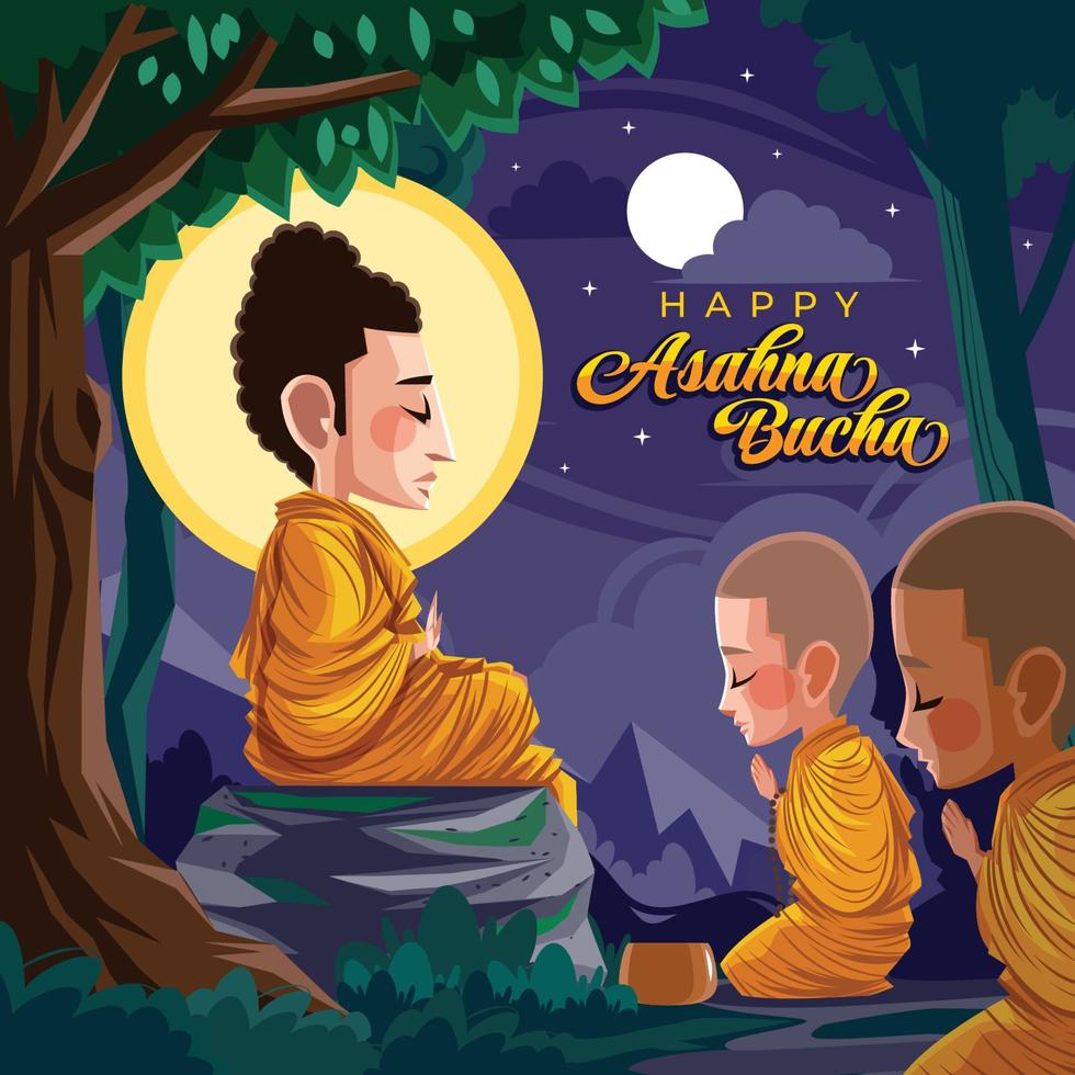 giorno di asahna bucha con il buddha sidharta gautama e il suo discepolo che meditano insieme vettore