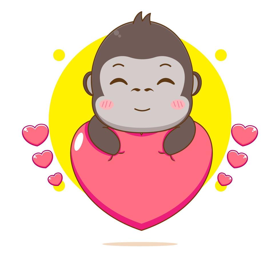 carino gorilla che abbraccia amore cuore cartone animato personaggio illustrazione vettore