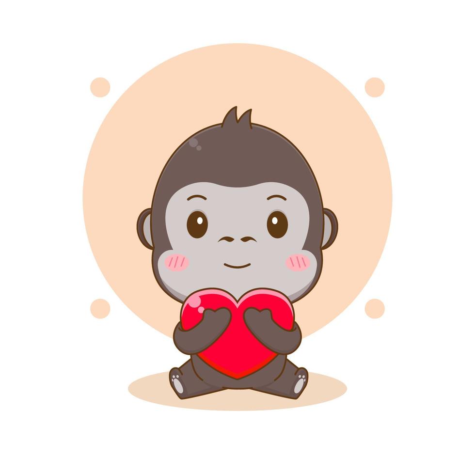 carino gorilla che abbraccia amore cuore cartone animato personaggio illustrazione vettore