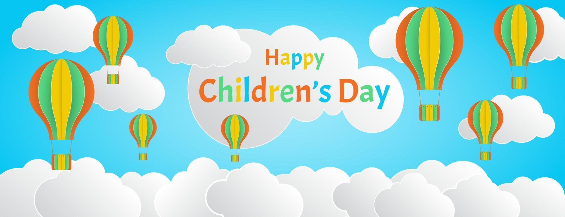 modello di banner per lo stile del taglio della carta per la festa dei bambini felice, sfondo del cielo con decorazioni colorate a palloncino e nuvole vettore