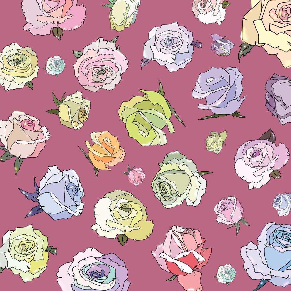 senza cuciture con rose colorate in stile doodle vettore