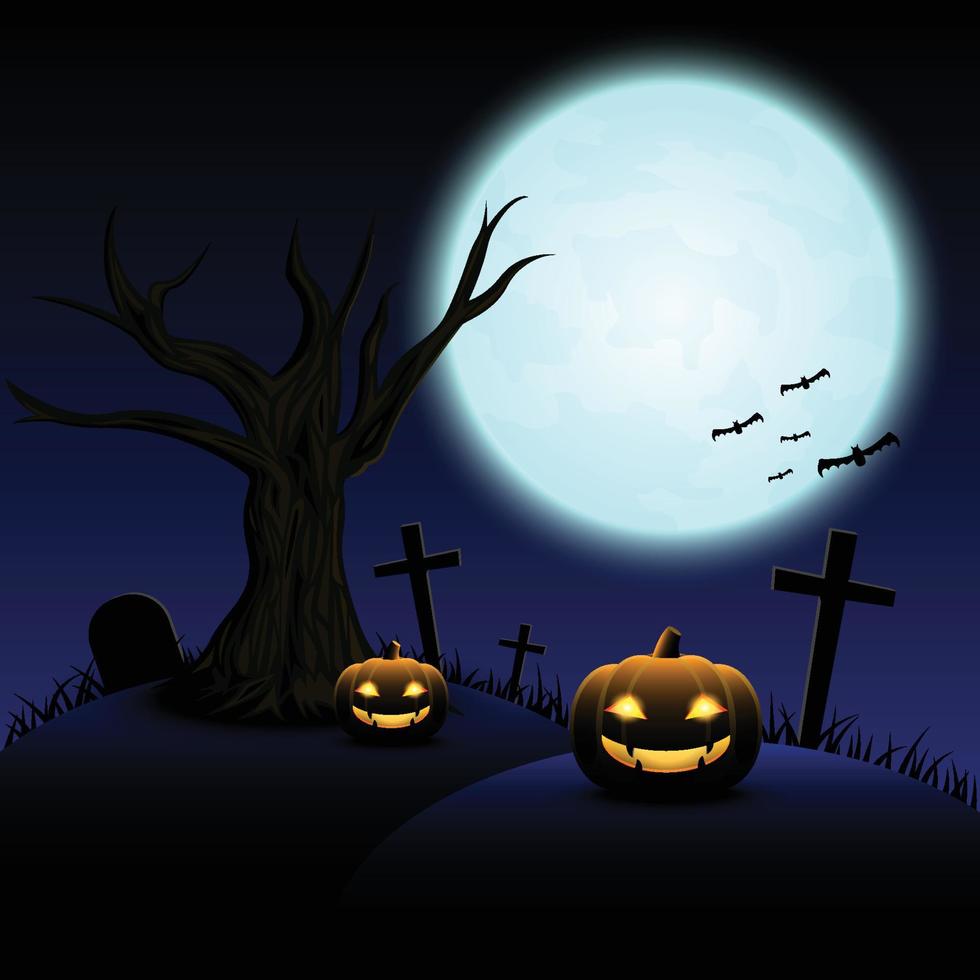 notte di halloween con luna blu e zucche, illustrazione. vettore