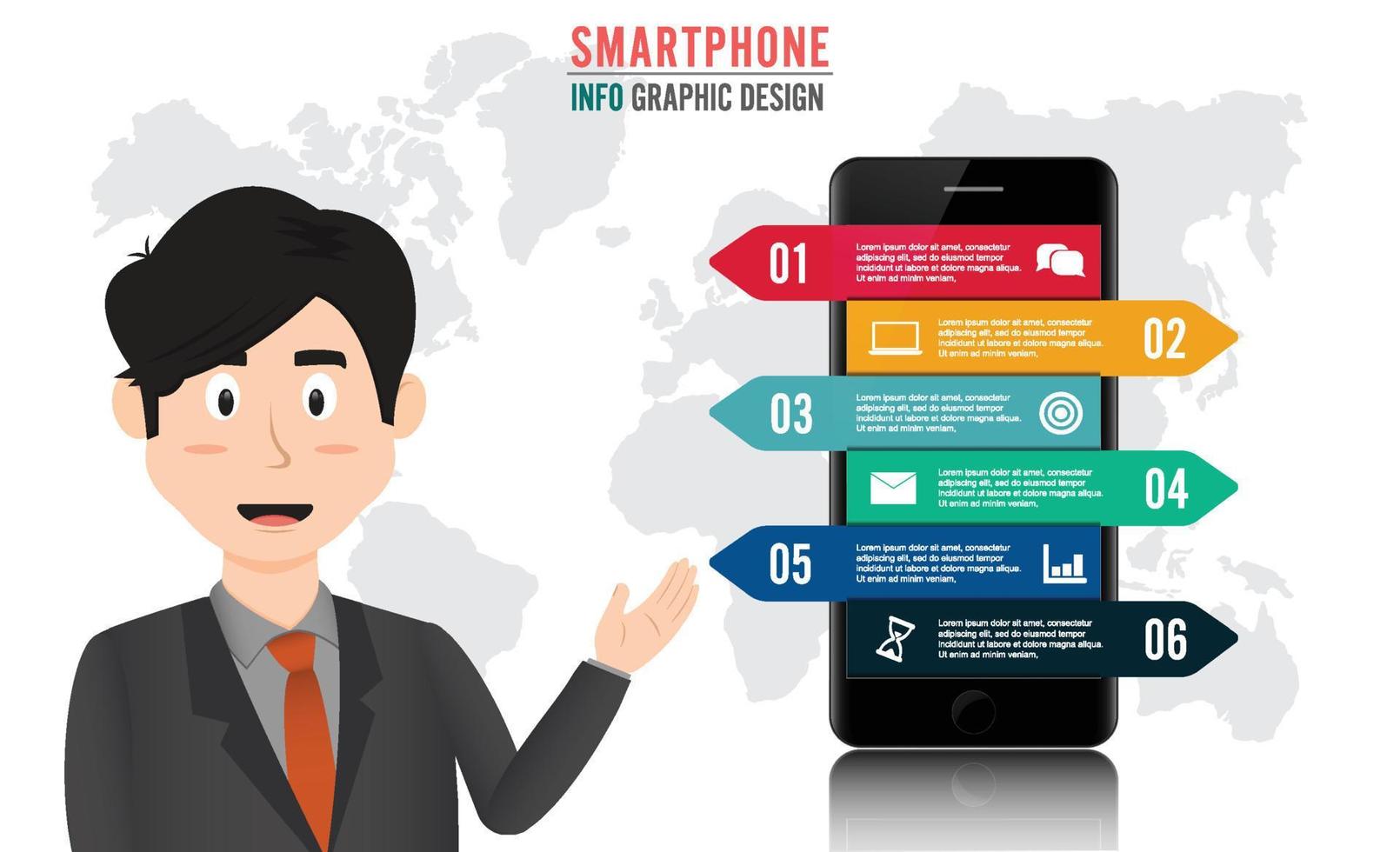 uomo d'affari su uno sfondo di infografica e diagrammi di flusso grafico di informazioni sullo smartphone. le braccia incrociate sul petto. presentazione aziendale, concetto di strategia. vettore, illustrazione, piatto vettore