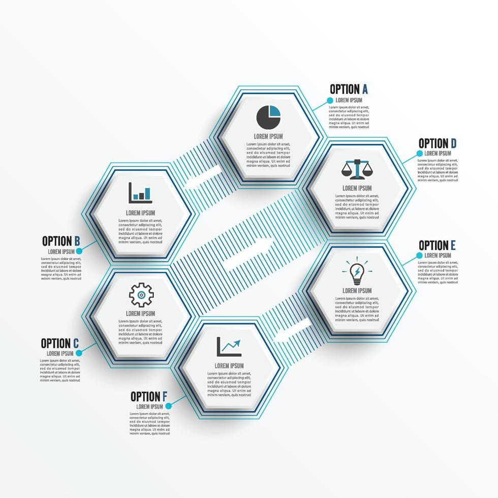 illustrazione vettoriale infografica 6 opzioni. modello per brochure, affari, web design