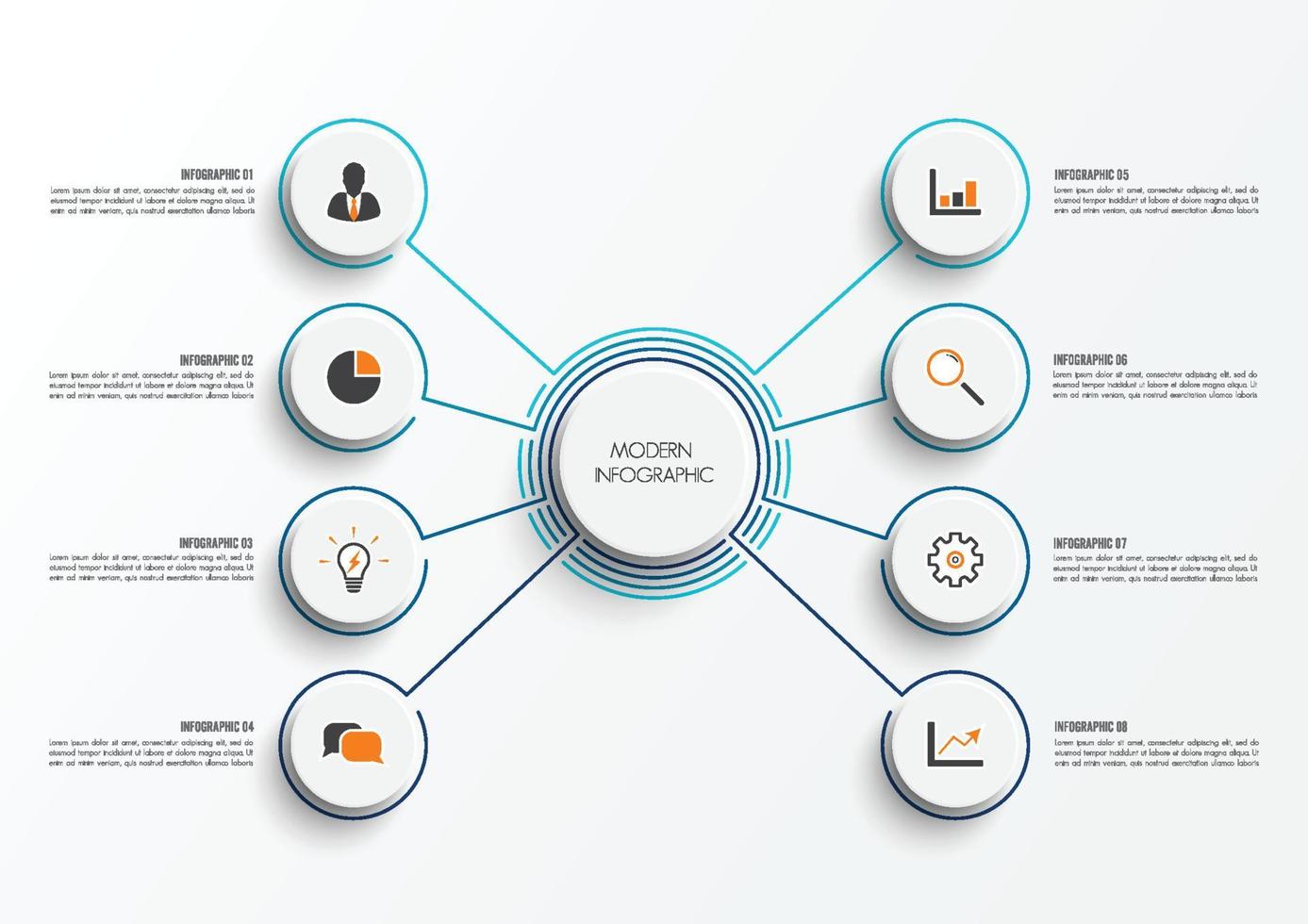 modello di infografica vettoriale con etichetta di carta 3d, cerchi integrati. concetto di affari con 8 opzioni. per contenuto, diagramma, diagramma di flusso, passaggi, parti, infografiche della sequenza temporale, flusso di lavoro, grafico.