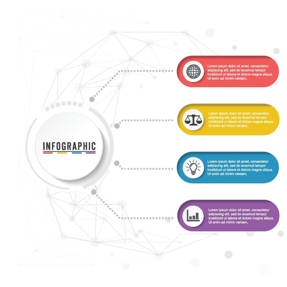 le icone vettoriali e di marketing per la progettazione di infografica timeline possono essere utilizzate per il layout del flusso di lavoro, il diagramma, la relazione annuale, il web design. concetto di business con 4 opzioni, passaggi o processi.