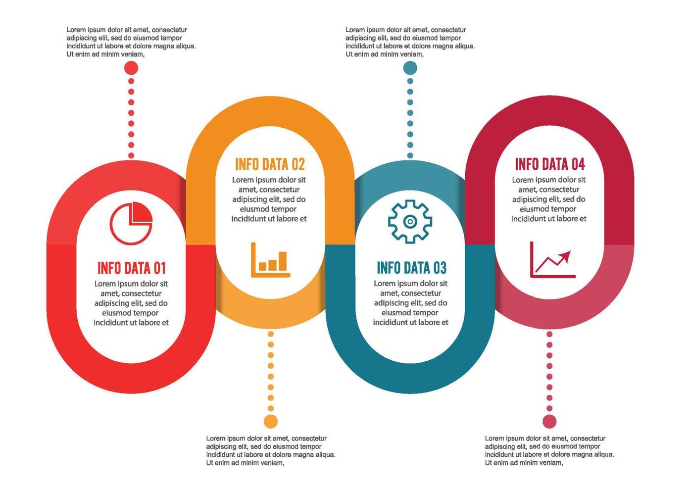 modello timeline infografica colorata orizzontale numerata per quattro posizioni può essere utilizzata per flusso di lavoro, banner, diagramma, web design, grafico ad area vettore