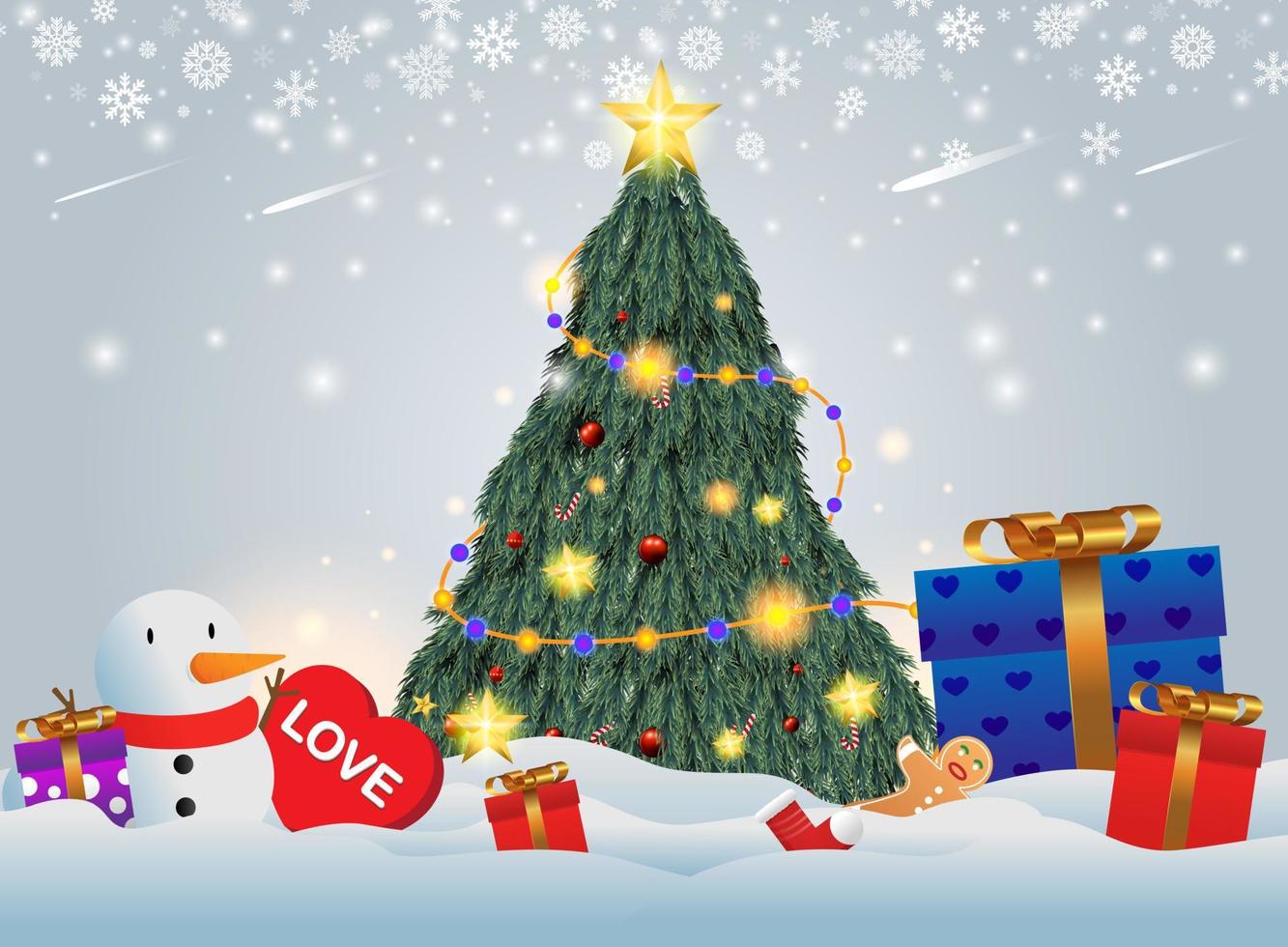 regali posti sotto l'albero di natale. regalo di Babbo Natale nella neve. vari regali come orsacchiotti, scatole regalo e caramelle. vettore