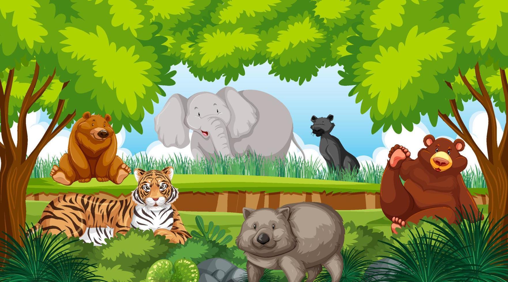 scena della foresta con personaggi dei cartoni animati di animali selvatici vettore