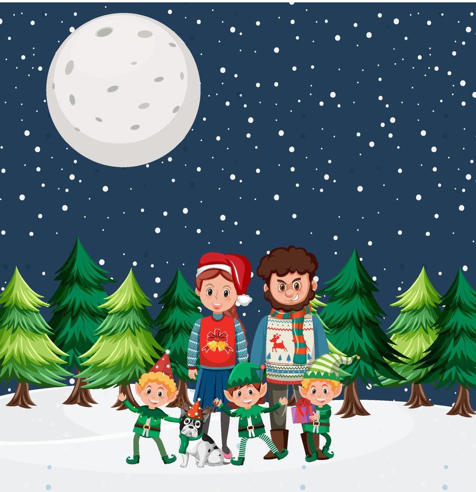 vacanze di natale con la famiglia di notte vettore