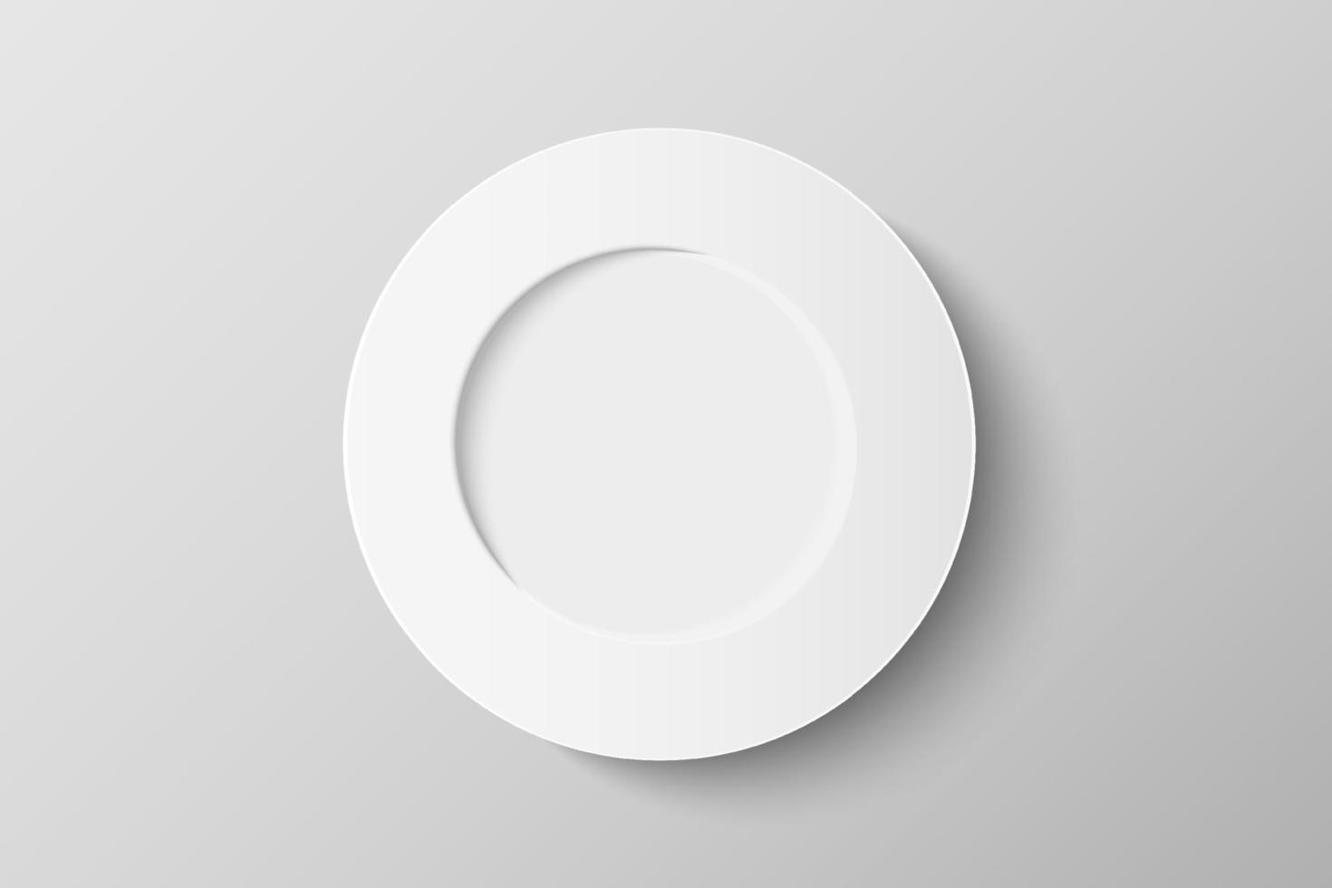 Vista dall'alto 3d del modello di piastra in ceramica bianca isolato su sfondo. piatto disteso con spazio per la copia. illustrazione vettoriale realistica.